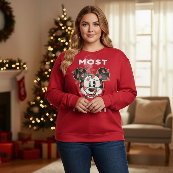 DISNEY MICKEY MOUSE Most Merry Red Sweatshirt XL 1X Ugly Christmas Sweater - Picture 12 of 12